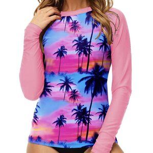 DeeRose Rash Guard Tropical Print Long Sleeve Swim Top, Large